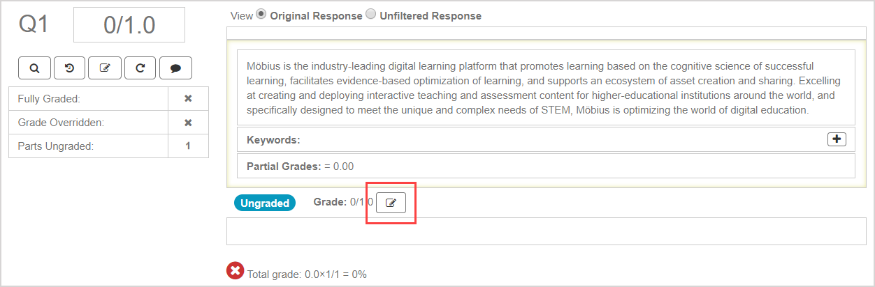 The edit part grade icon is shown beside the part grade for each response area.